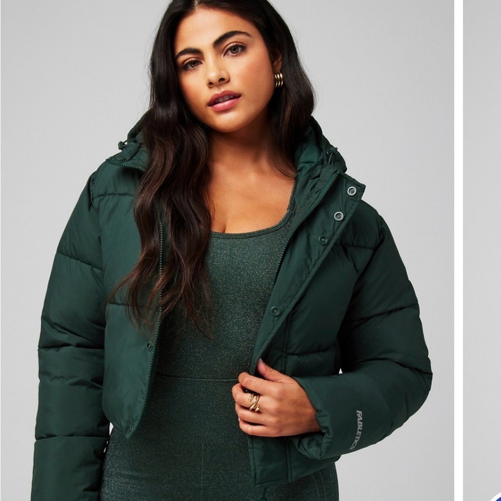 Fabletics Dark Green Cropped Snow Puffer Jacket - Picture 2 of 7